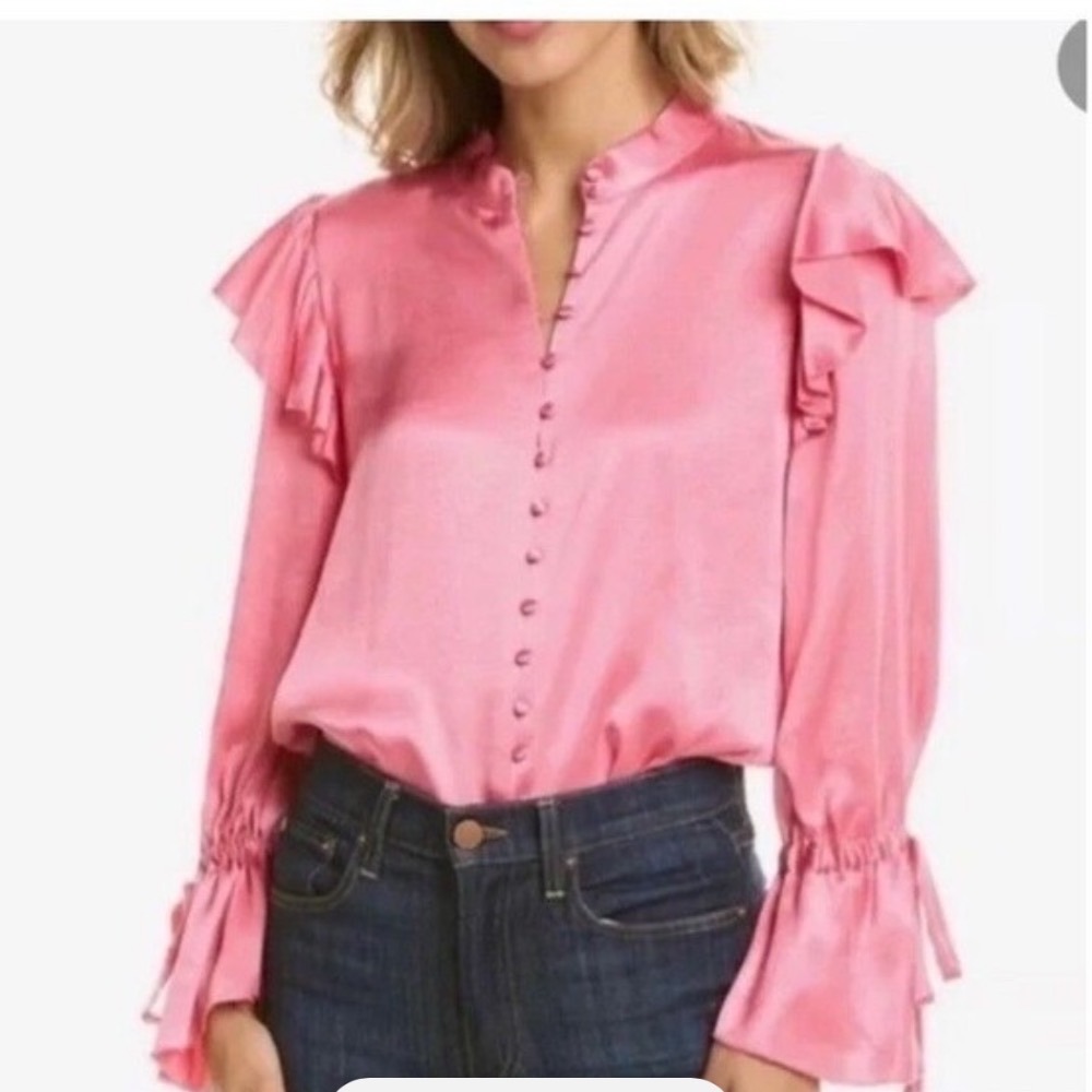 Alice + Olivia Pink Satin Ruffle Shoulder Tie Cuff Blouse Coquette XS